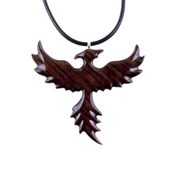 Hand Carved Phoenix Necklace, Wooden Rising Phoenix Pendant for Men or Women, Wood Firebird Necklace, Fantasy Inspirational Jewelry