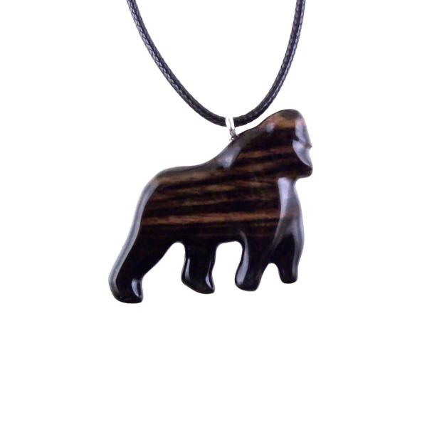 Gorilla Necklace, Hand Carved Wooden Gorilla Pendant, Animal Necklace, Gift for Him, Mens Wood Jewelry in Black with Brown Streaks