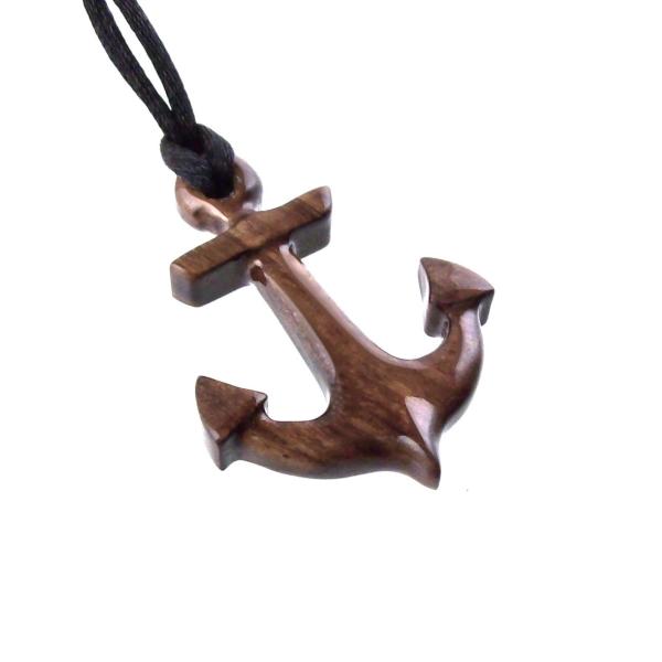 Hand Carved Wooden Anchor Pendant, Mens Wood Necklace, Handmade Nautical Jewelry Gift for Him