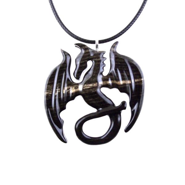 Dragon Necklace for Men Women, Hand Carved Wooden Dragon Pendant, Fantasy Wood Jewelry Gift for Her Him