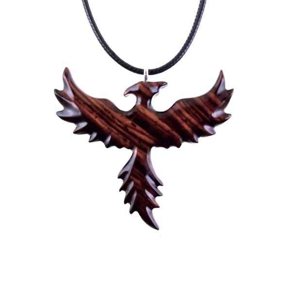 Hand Carved Phoenix Necklace, Wooden Rising Phoenix Pendant for Men or Women, Wood Firebird Necklace, Fantasy Inspirational Jewelry