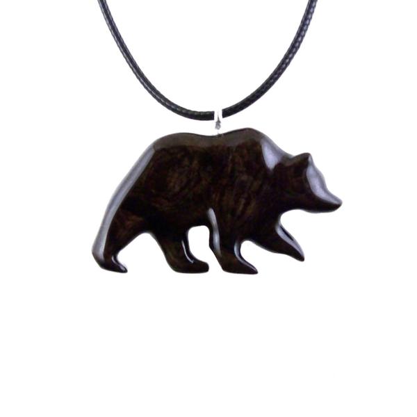 Bear Necklace, Wooden Grizzly Bear Pendant for Men or Women, Hand Carved Wood Jewelry, Totem Spirit Animal in Dark Brown
