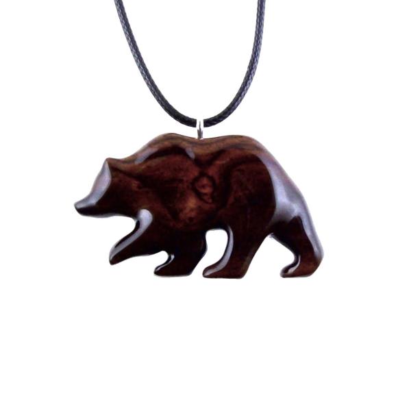 Wood Bear Necklace, Hand Carved Wooden Grizzly Bear Pendant for Men or Women, Spirit Animal Totem Jewelry Gift for Him Her