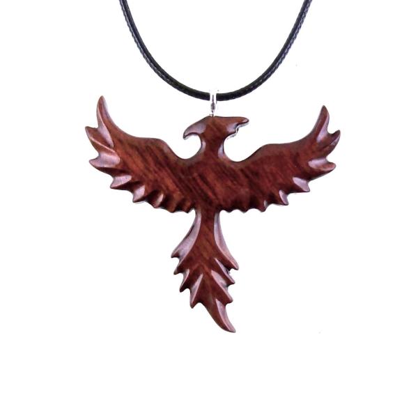 Rising Phoenix Necklace, Hand Carved Wooden Phoenix Pendant, Wood Firebird Jewelry, Inspirational Gift for Her Him