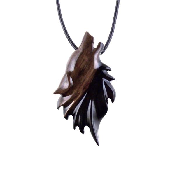 Wolf Wooden Necklace, Hand Carved Wood Wolf Head Pendant, Spirit Animal Totem, Woodland Jewelry in Black with Brown Streaks
