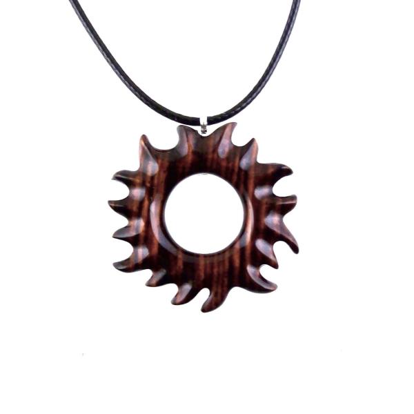 Hand Carved Sun Wooden Necklace, Celestial Sunburst Pendant, Solar Eclipse Wood Jewelry