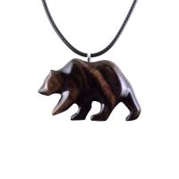 Wooden Grizzly Bear Pendant, Hand Carved Wood Bear Necklace for Men Women, Totem Spirit Animal in Black with Brown Streaks