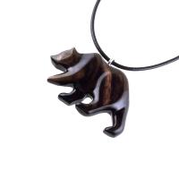 Wooden Grizzly Bear Pendant, Hand Carved Wood Bear Necklace for Men Women, Totem Spirit Animal in Black with Brown Streaks