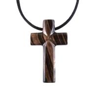 Hand Carved Wood Cross Necklace, Mens Wooden Cross Pendant in Black with Brown Streaks