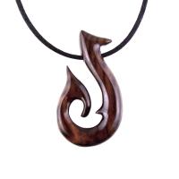 Hand Carved Fish Hook Pendant, Mens Wood Necklace, One of a Kind Wooden Fisherman Jewelry
