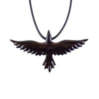 Raven Necklace, Hand Carved Wooden Crow Pendant, Bird Totem in Black with Brown Streaks