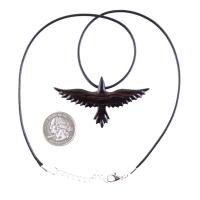 Raven Necklace, Hand Carved Wooden Crow Pendant, Bird Totem in Black with Brown Streaks