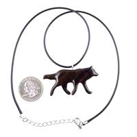 Hand Carved Coyote Necklace, Wooden Wolf Pendant, Woodland Jewelry in Brown with Black Streaks