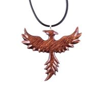 Hand Carved Rising Wooden Phoenix Pendant Necklace, Handmade Inspirational Wood Jewelry