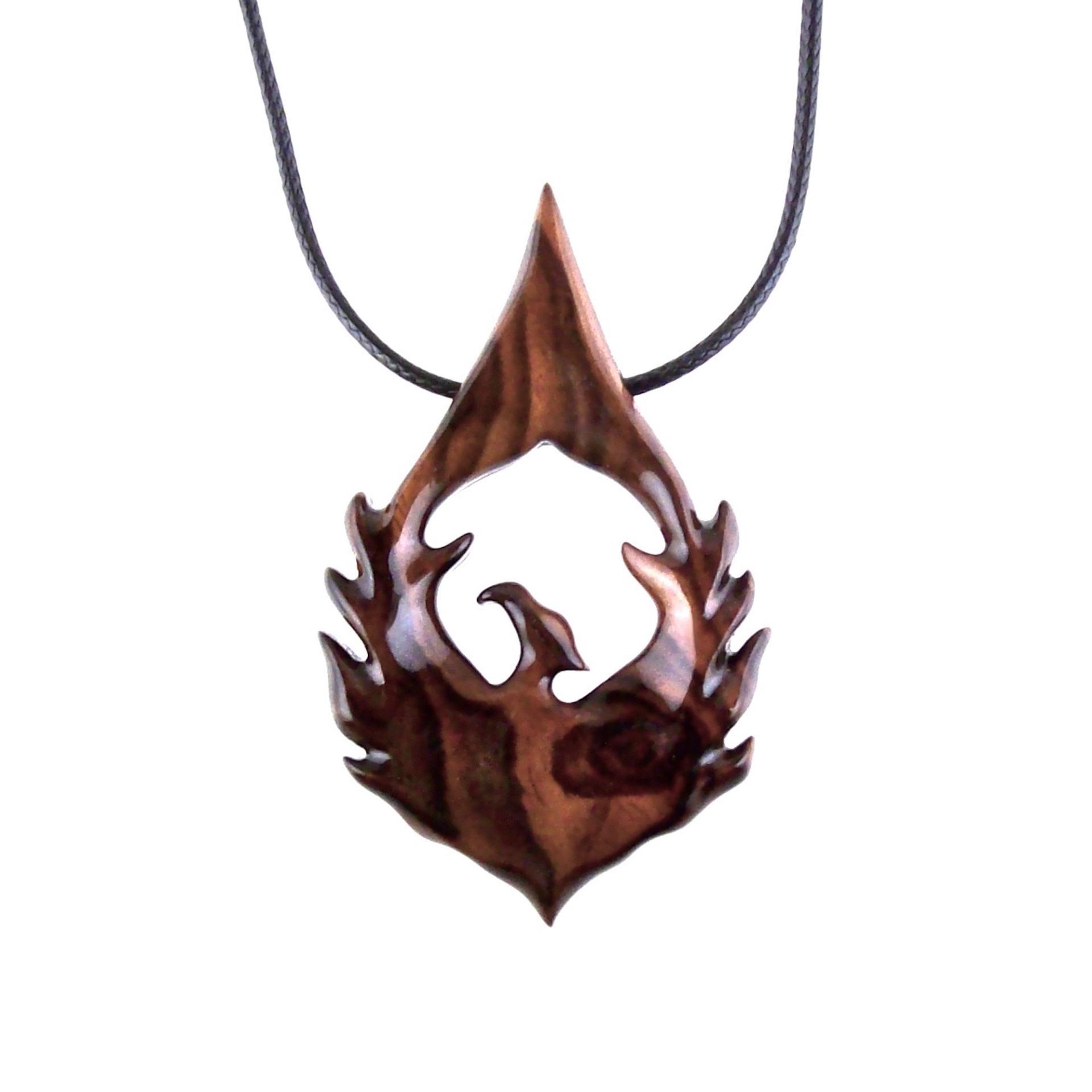 Hand Carved Wooden Phoenix Necklace, Firebird Wood Pendant, Inspirational Jewelry Gift for Men Women