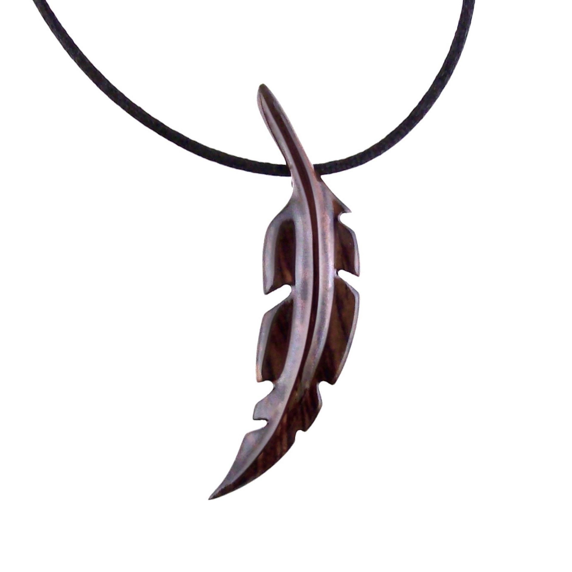Hand Carved Feather Necklace, Wooden Feather Pendant, Mens Tribal Wood Jewelry Gift