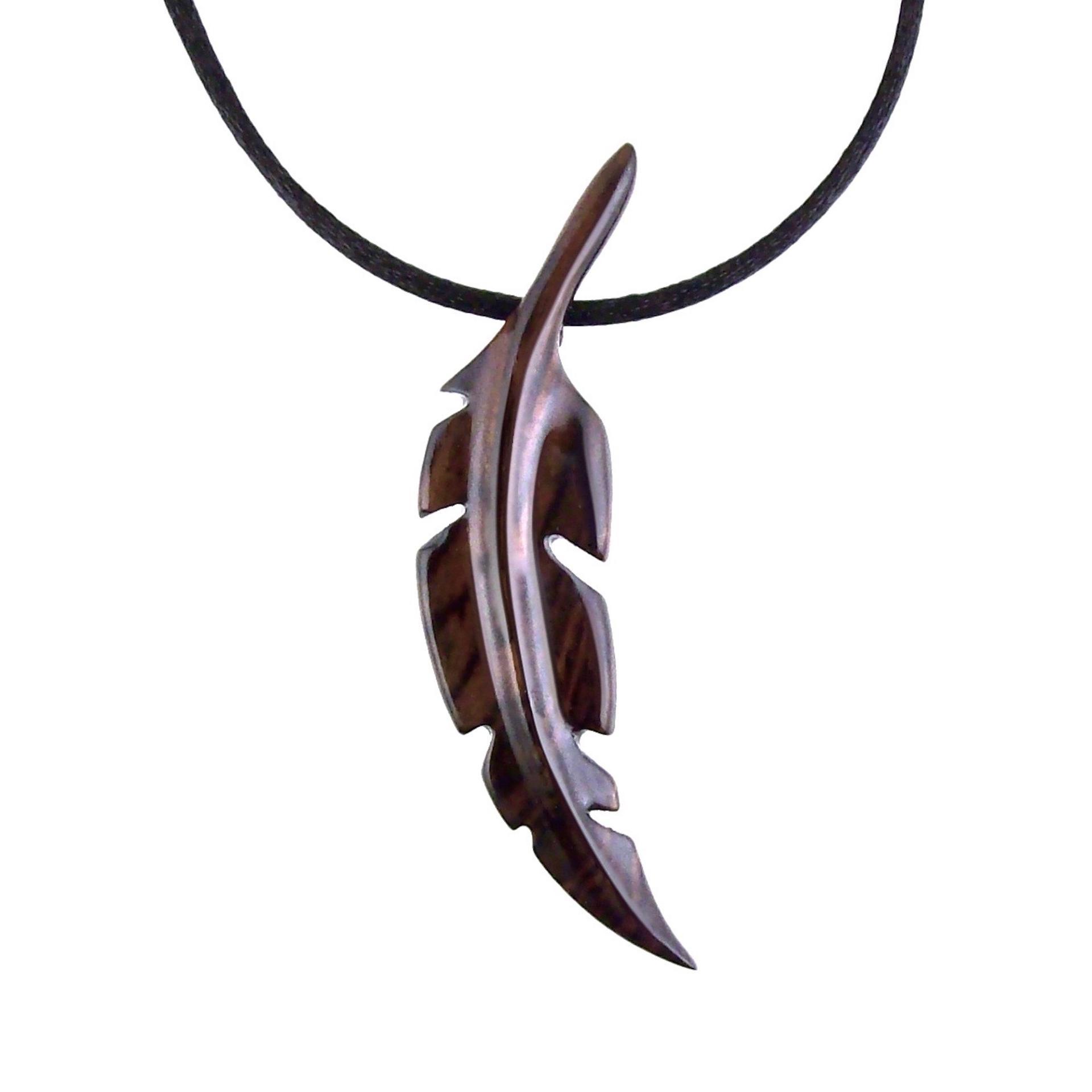 Hand Carved Feather Necklace, Wooden Feather Pendant, Mens Tribal Wood Jewelry Gift