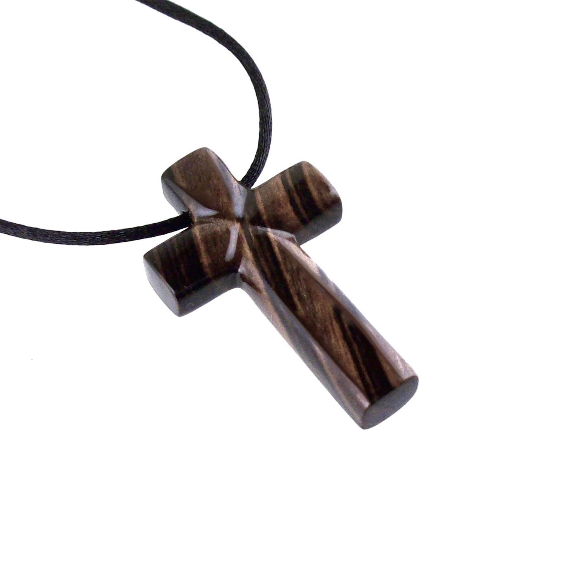 Hand Carved Wood Cross Necklace, Mens Wooden Cross Pendant in Black with Brown Streaks