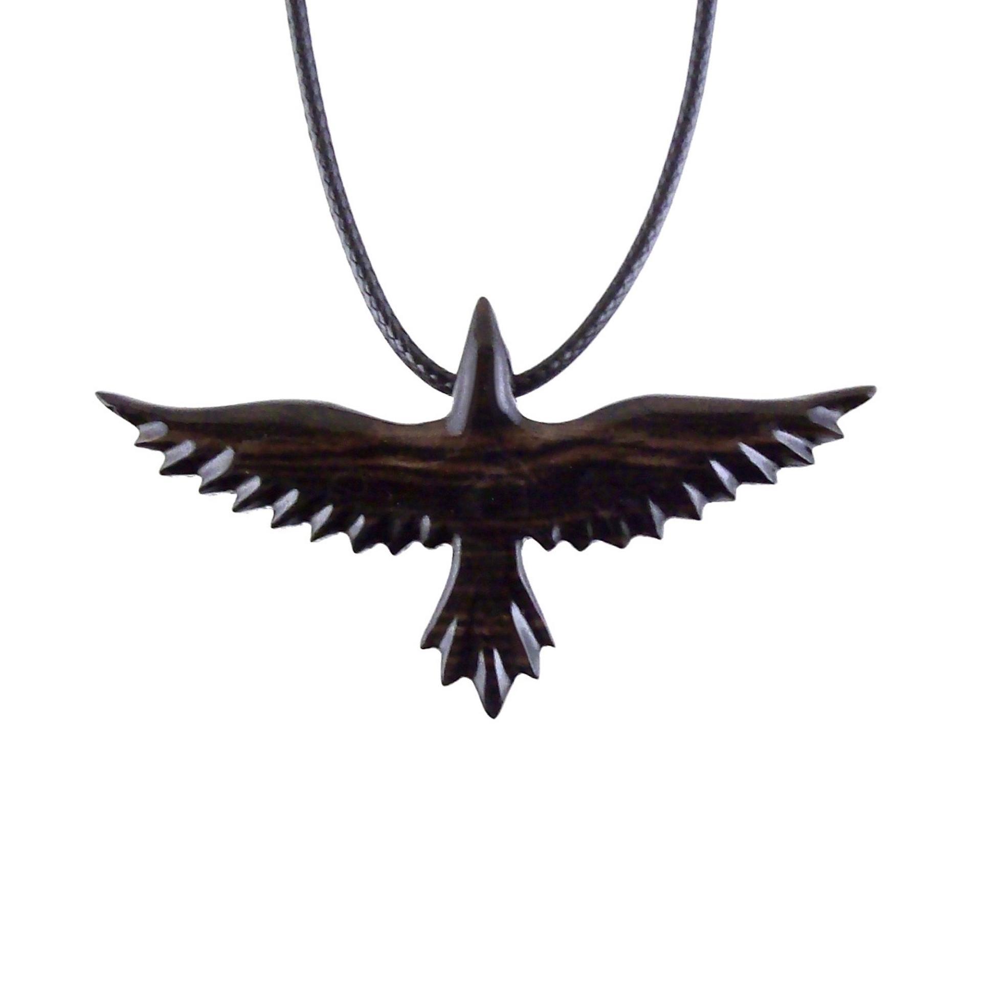 Raven Necklace, Hand Carved Wooden Crow Pendant, Bird Totem in Black with Brown Streaks