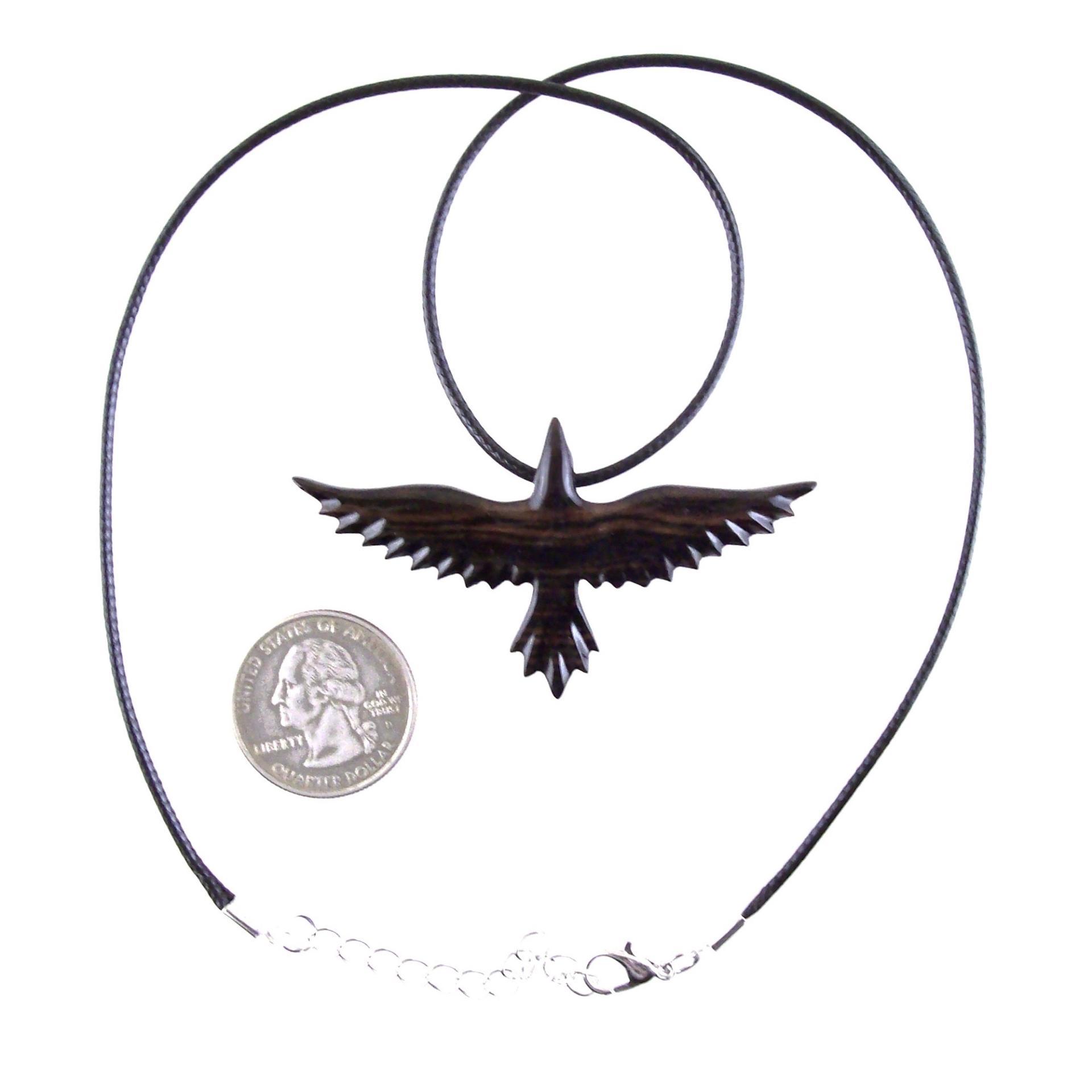 Raven Necklace, Hand Carved Wooden Crow Pendant, Bird Totem in Black with Brown Streaks