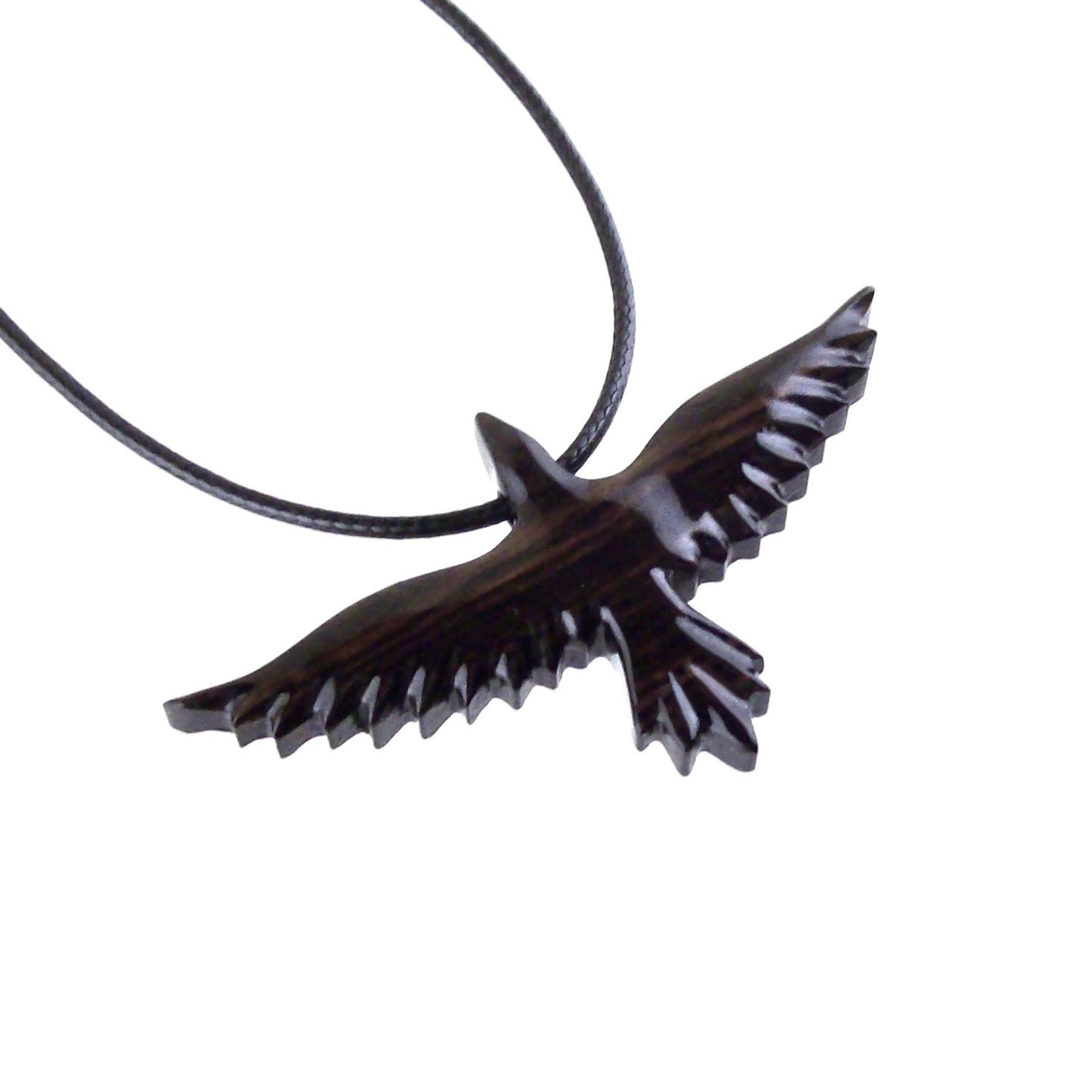 Raven Necklace, Hand Carved Wooden Crow Pendant, Bird Totem in Black with Brown Streaks