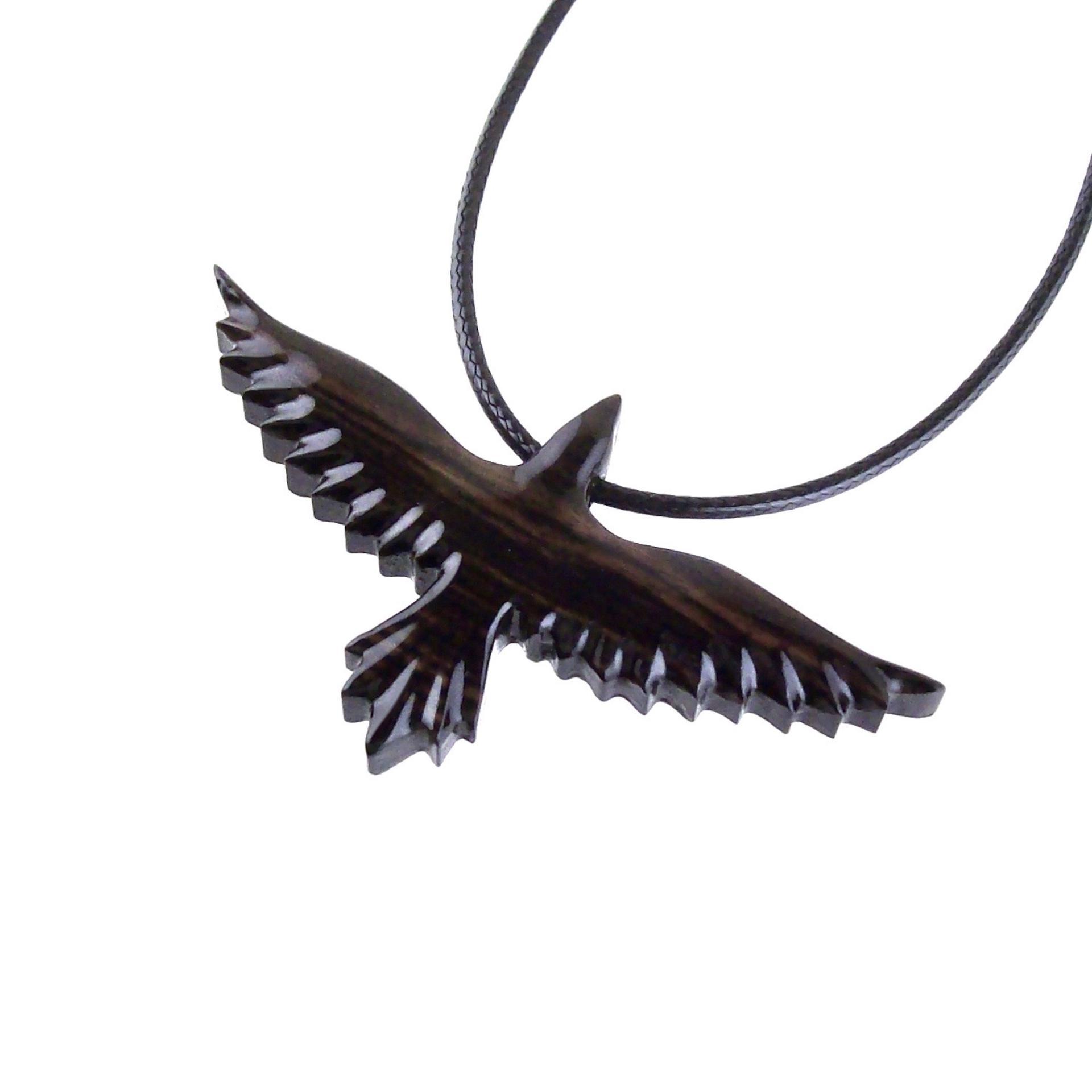 Raven Necklace, Hand Carved Wooden Crow Pendant, Bird Totem in Black with Brown Streaks