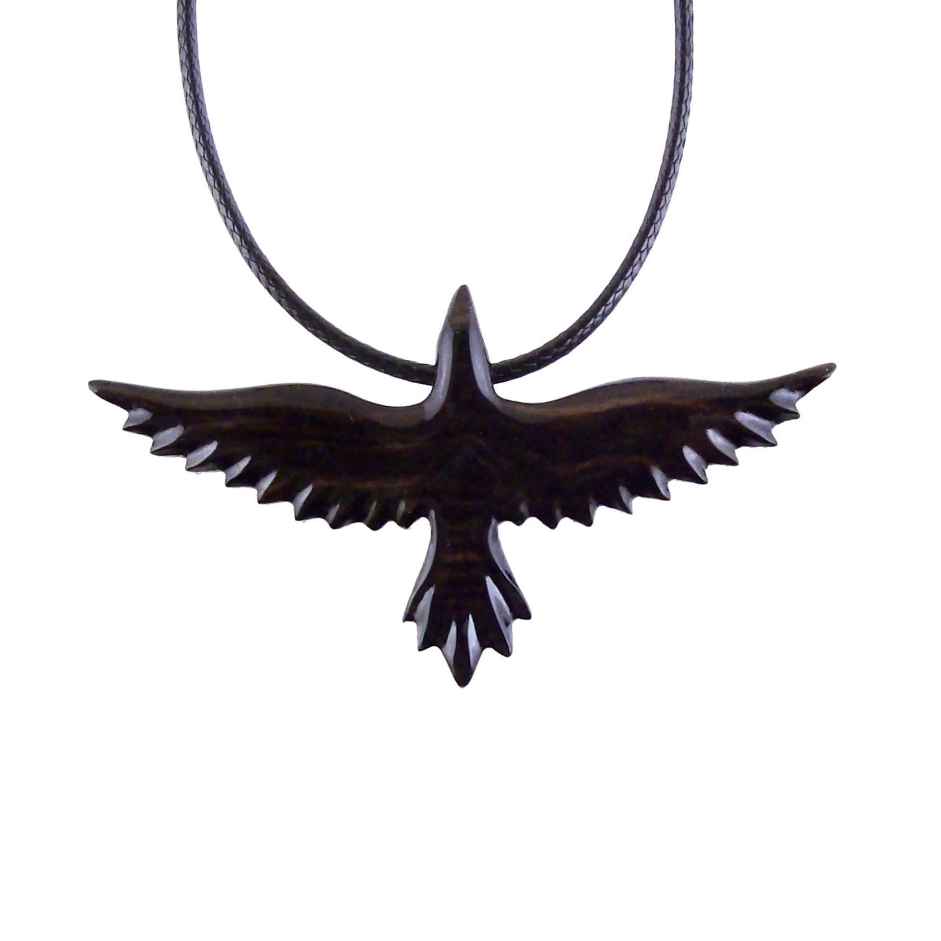 Raven Necklace, Hand Carved Wooden Crow Pendant, Bird Totem in Black with Brown Streaks