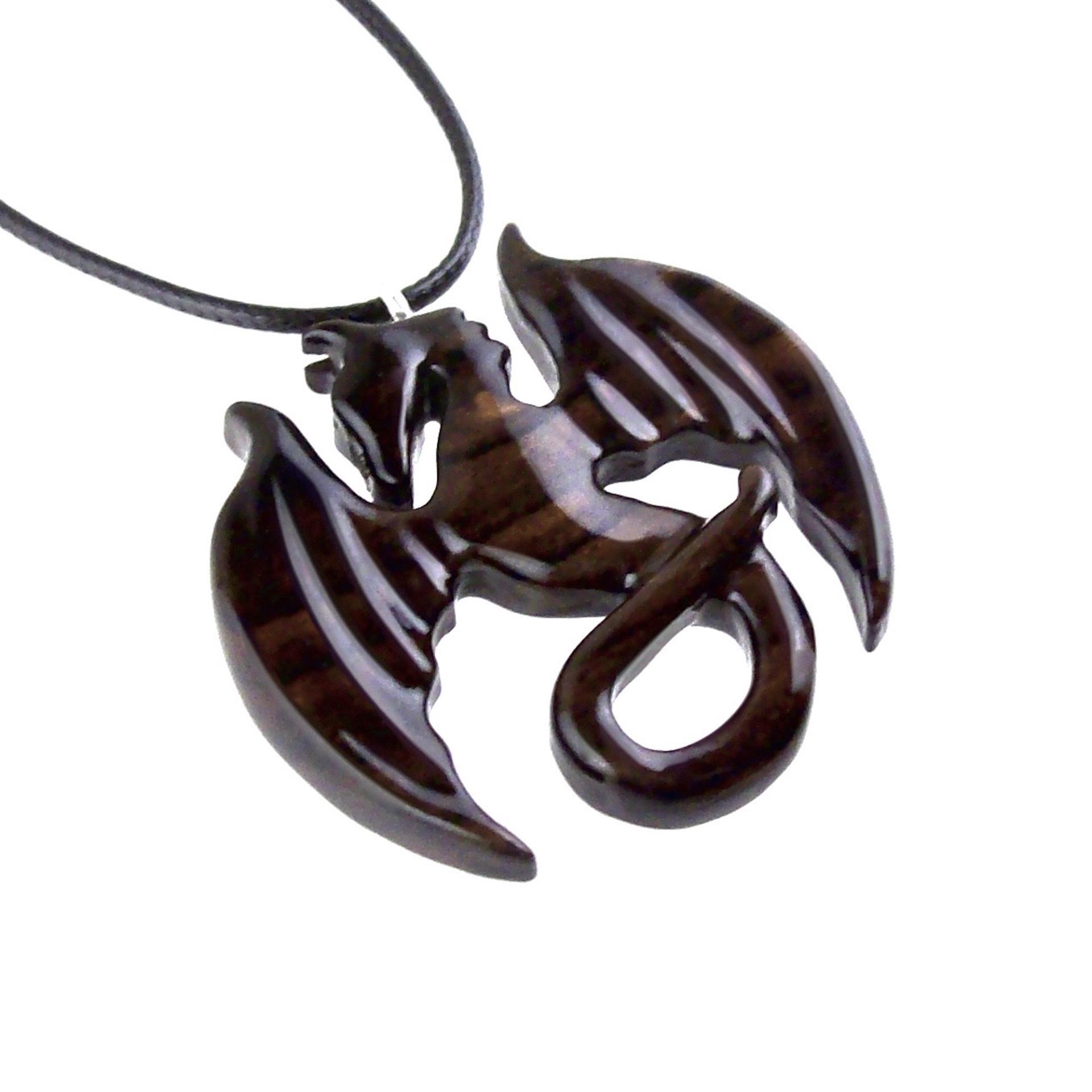 Dragon Necklace for Men Women, Wooden Dragon Pendant, Hand Carved Fantasy Wood Jewelry