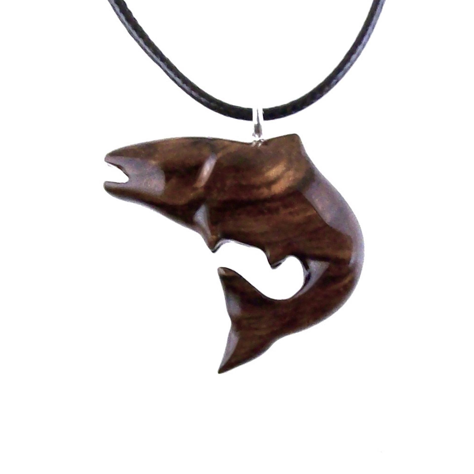 Salmon Necklace, Hand Carved Wooden Fish Pendant, Trout Necklace, Fishermen Wood Jewelry Gift