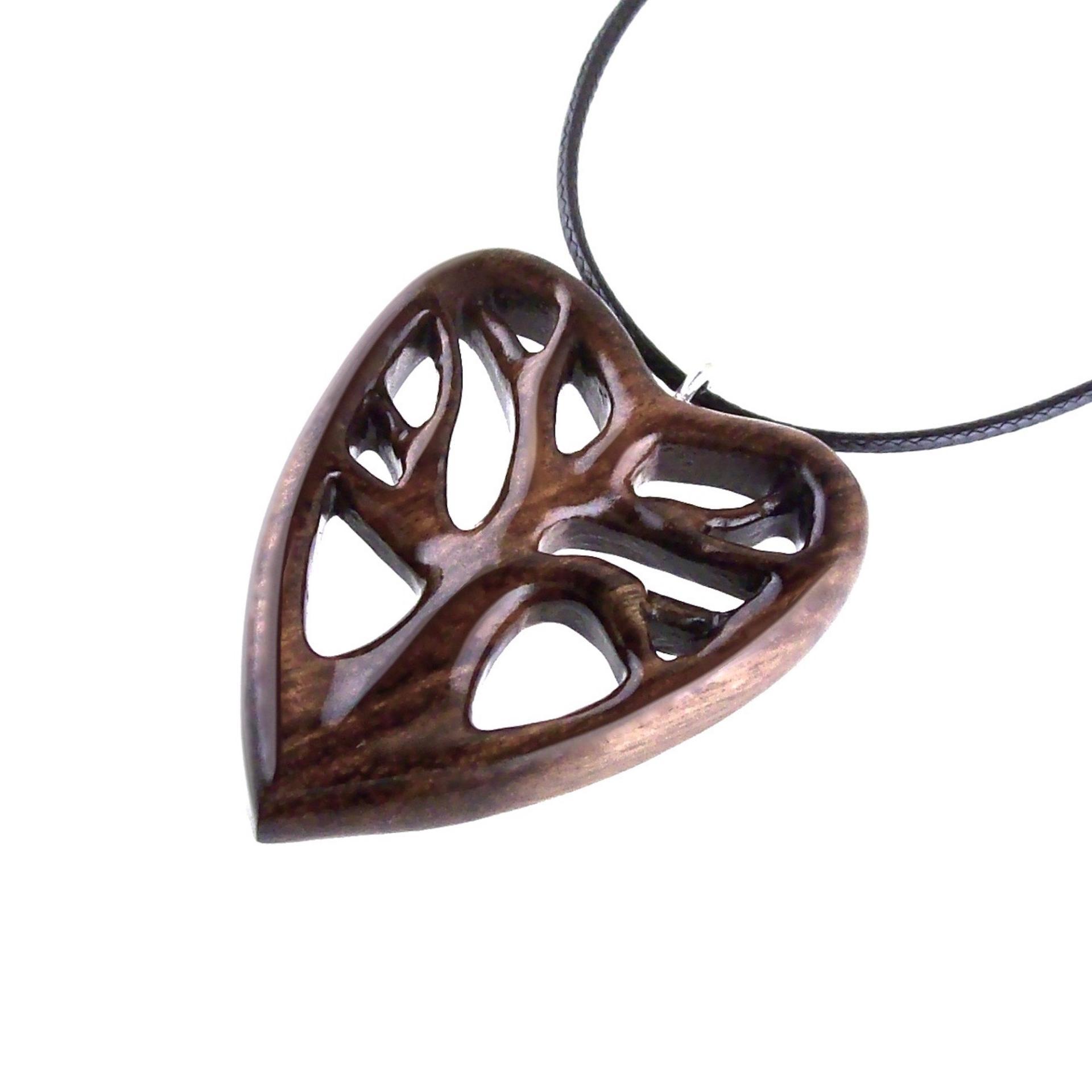 Wooden Heart Pendant, Hand Carved Tree of Life Necklace, 5th Anniversary Wood Jewelry Gift