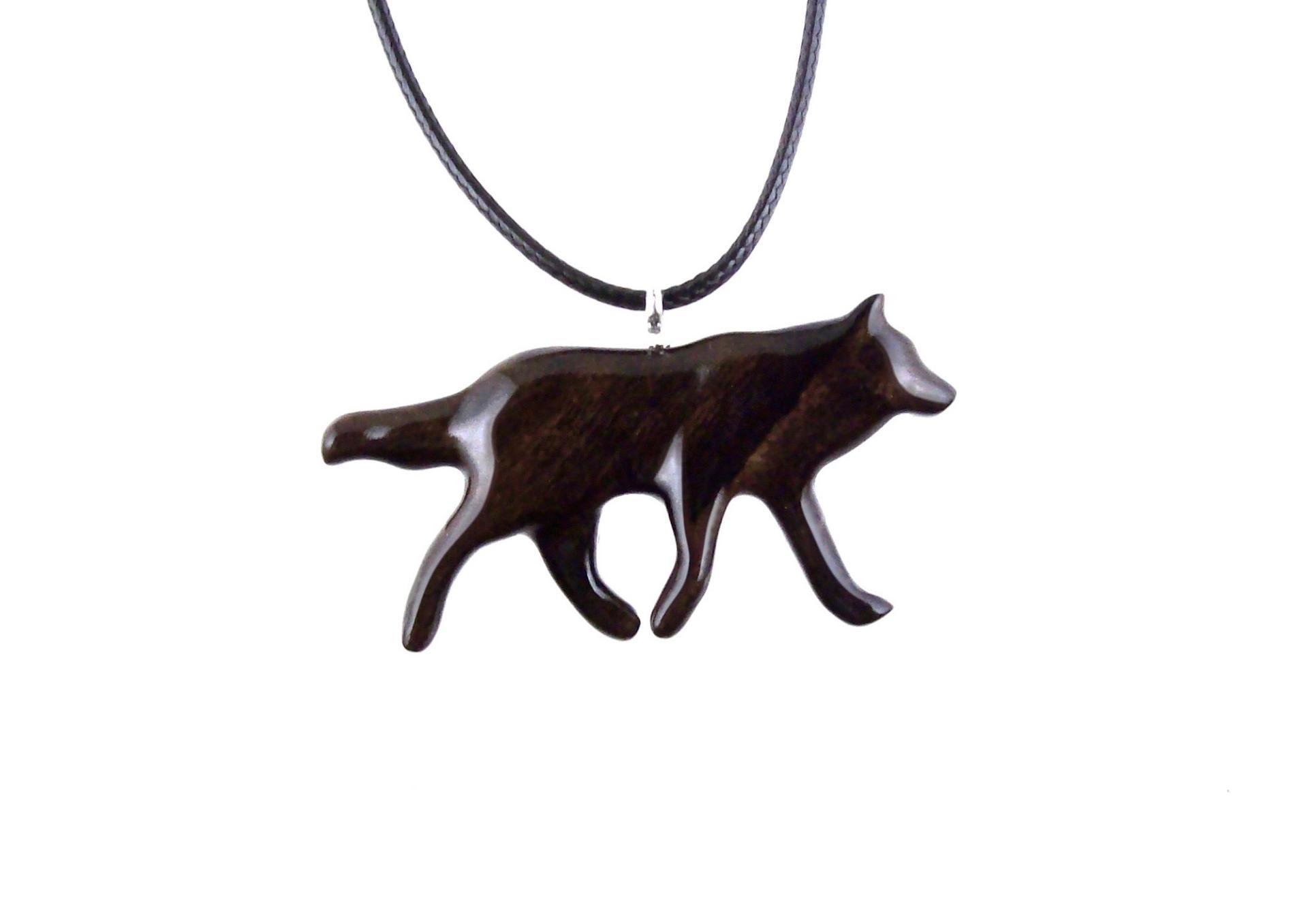 Hand Carved Coyote Necklace, Wooden Wolf Pendant, Woodland Jewelry in Brown with Black Streaks