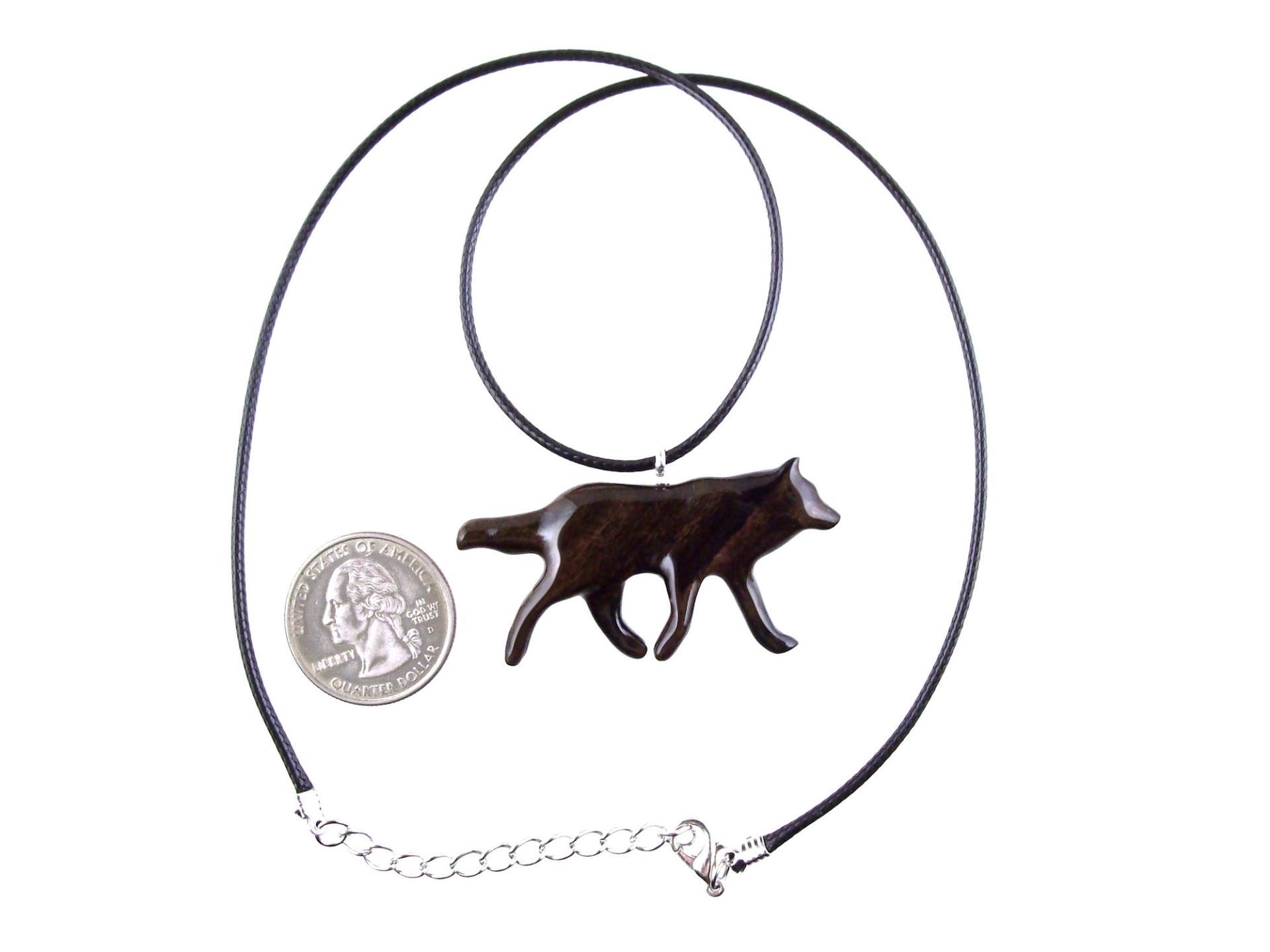 Hand Carved Coyote Necklace, Wooden Wolf Pendant, Woodland Jewelry in Brown with Black Streaks
