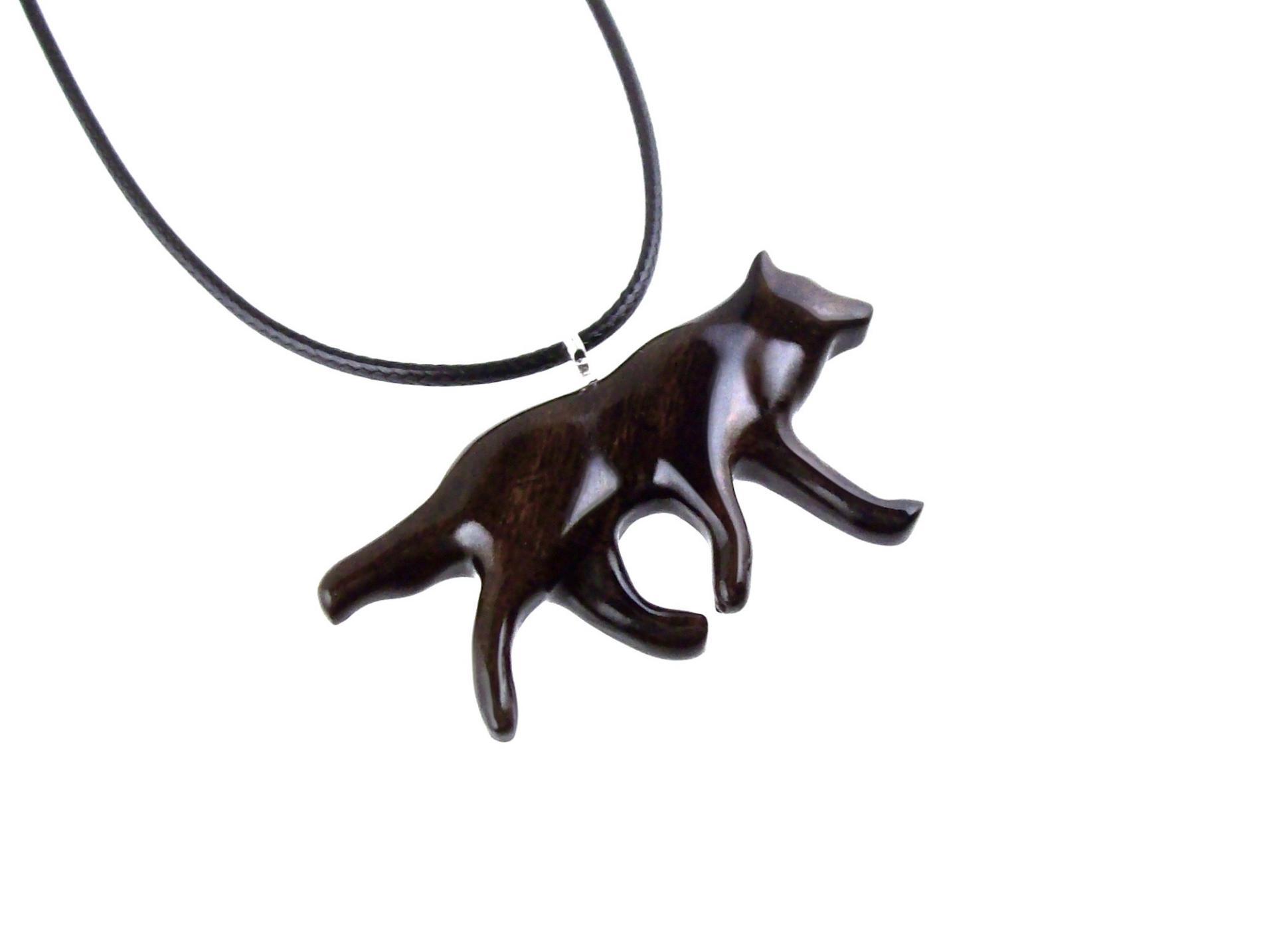 Hand Carved Coyote Necklace, Wooden Wolf Pendant, Woodland Jewelry in Brown with Black Streaks