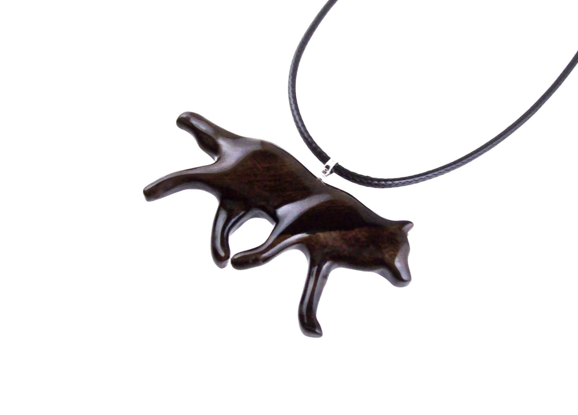 Hand Carved Coyote Necklace, Wooden Wolf Pendant, Woodland Jewelry in Brown with Black Streaks