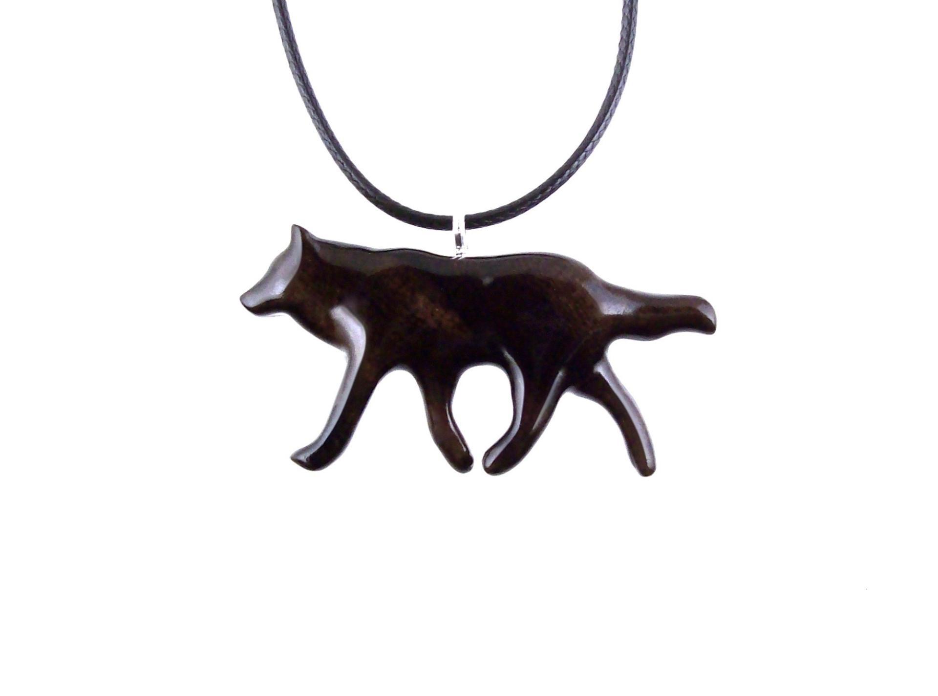 Hand Carved Coyote Necklace, Wooden Wolf Pendant, Woodland Jewelry in Brown with Black Streaks