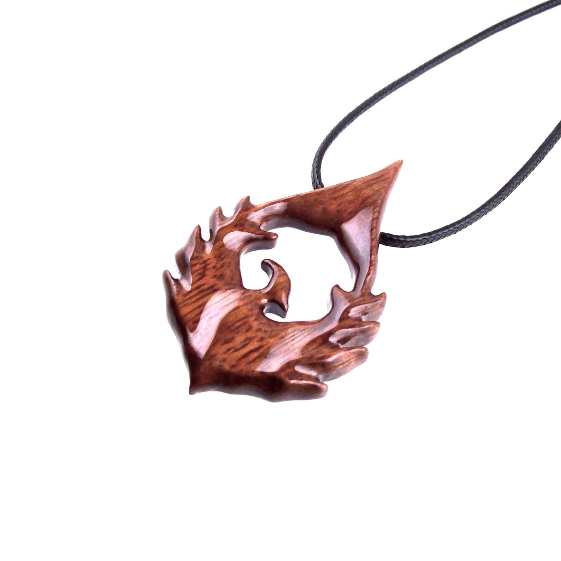 Hand Carved Wooden Phoenix Pendant Necklace, Fantasy Firebird Inspirational Wood Jewelry Gift