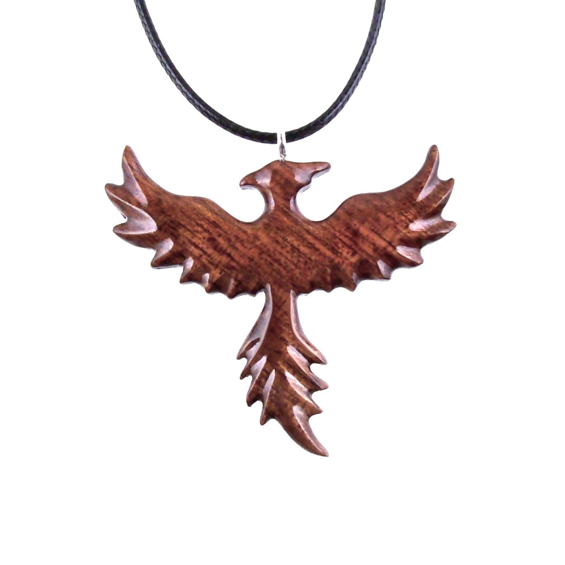 Hand Carved Rising Wooden Phoenix Pendant Necklace, Handmade Inspirational Wood Jewelry