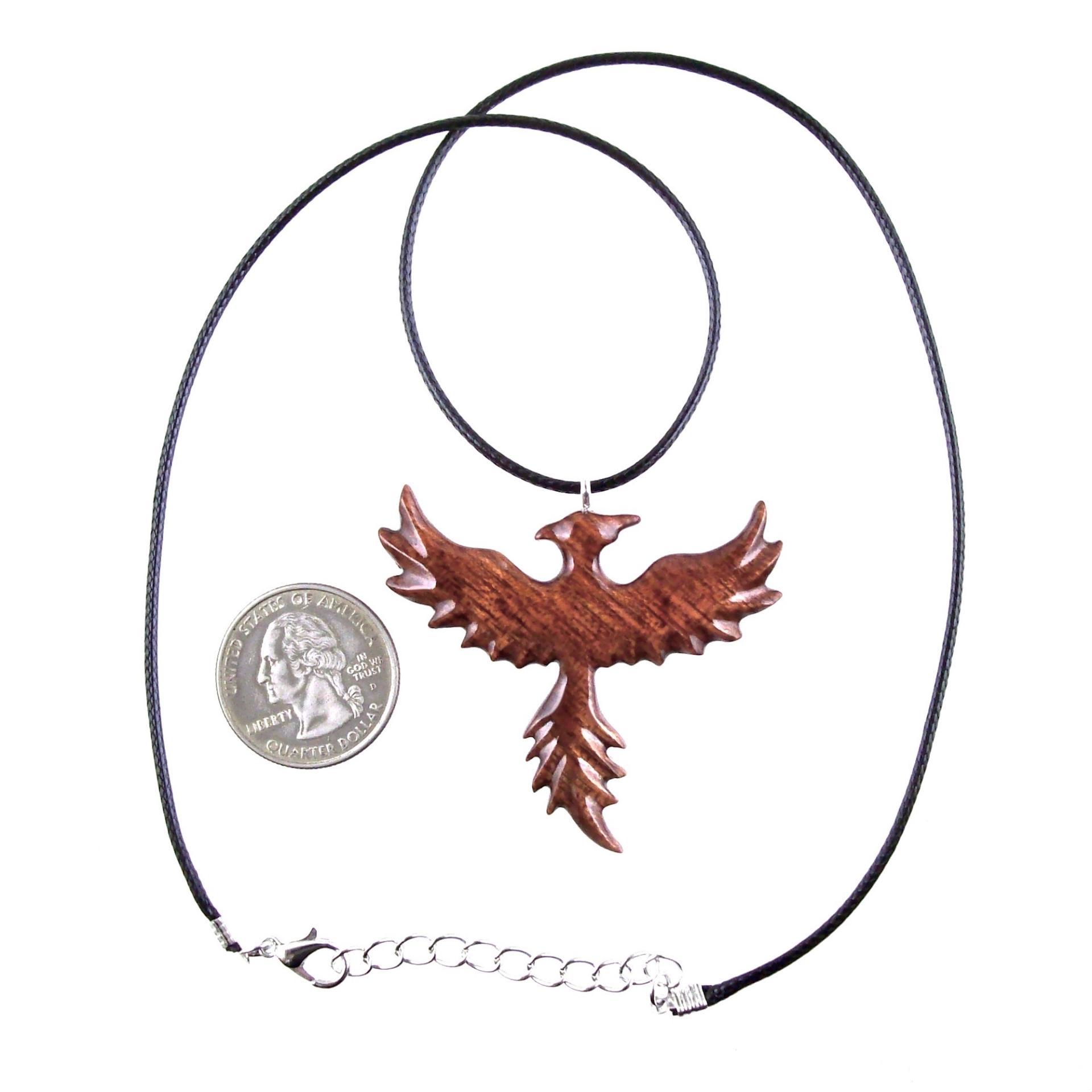 Hand Carved Rising Wooden Phoenix Pendant Necklace, Handmade Inspirational Wood Jewelry