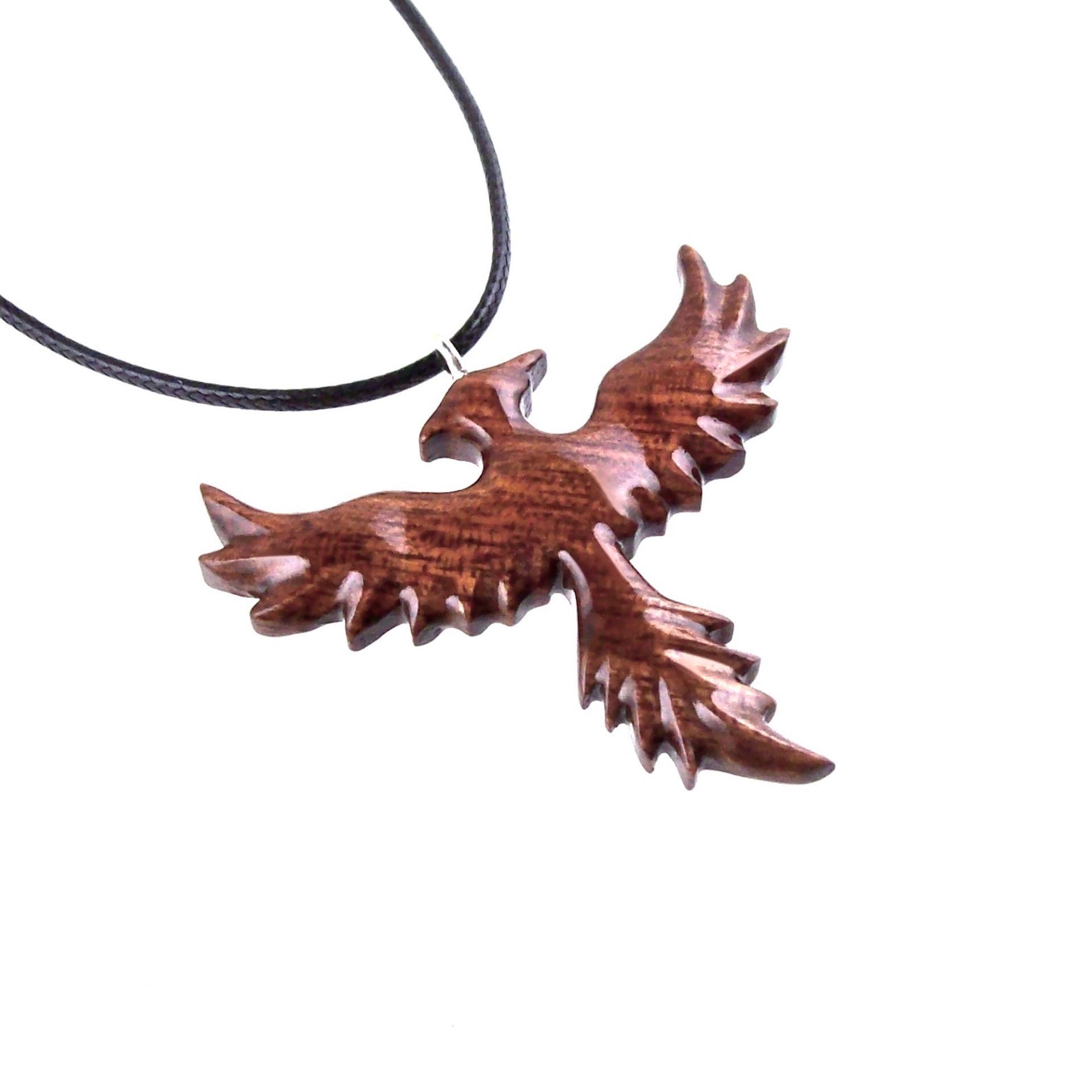 Hand Carved Rising Wooden Phoenix Pendant Necklace, Handmade Inspirational Wood Jewelry