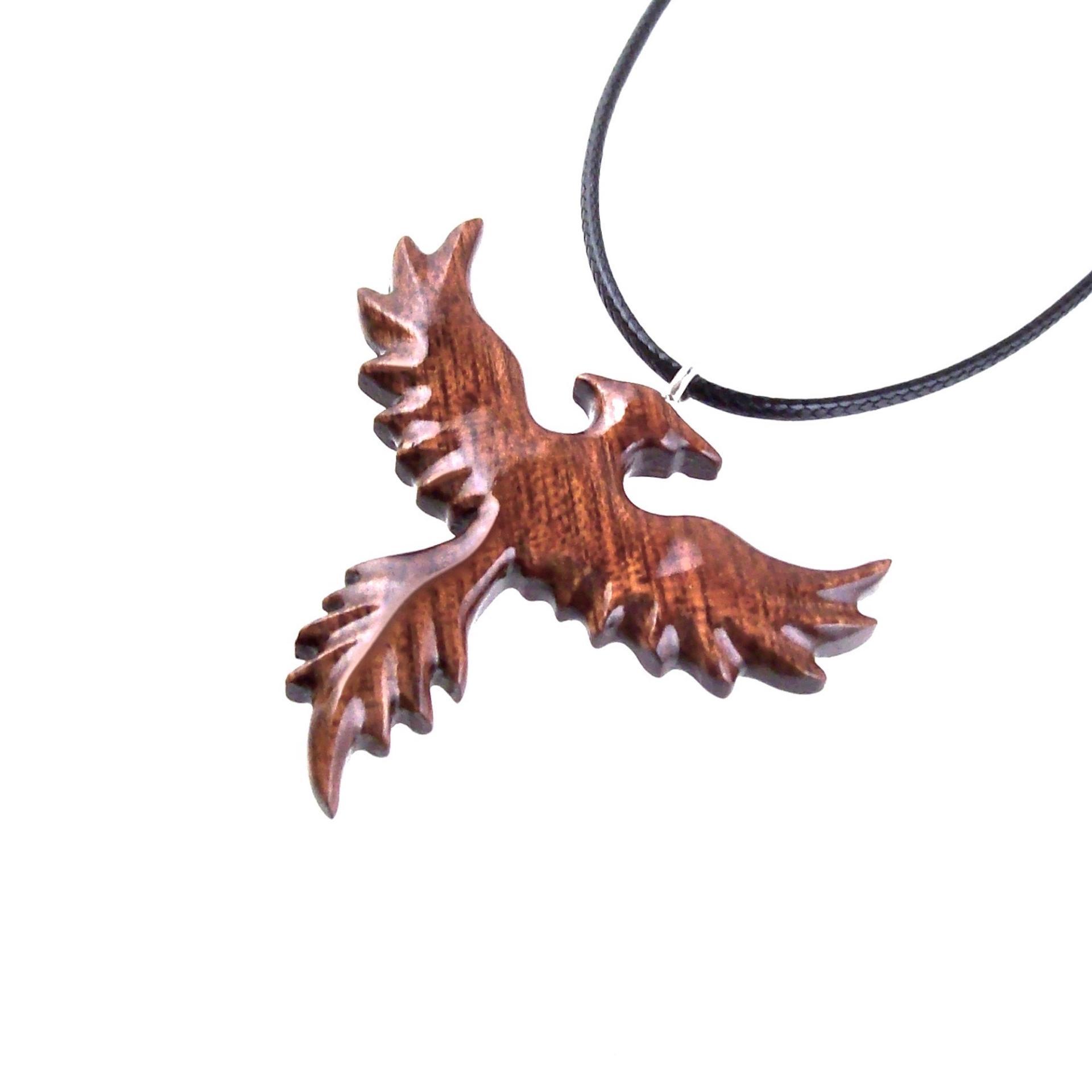 Hand Carved Rising Wooden Phoenix Pendant Necklace, Handmade Inspirational Wood Jewelry