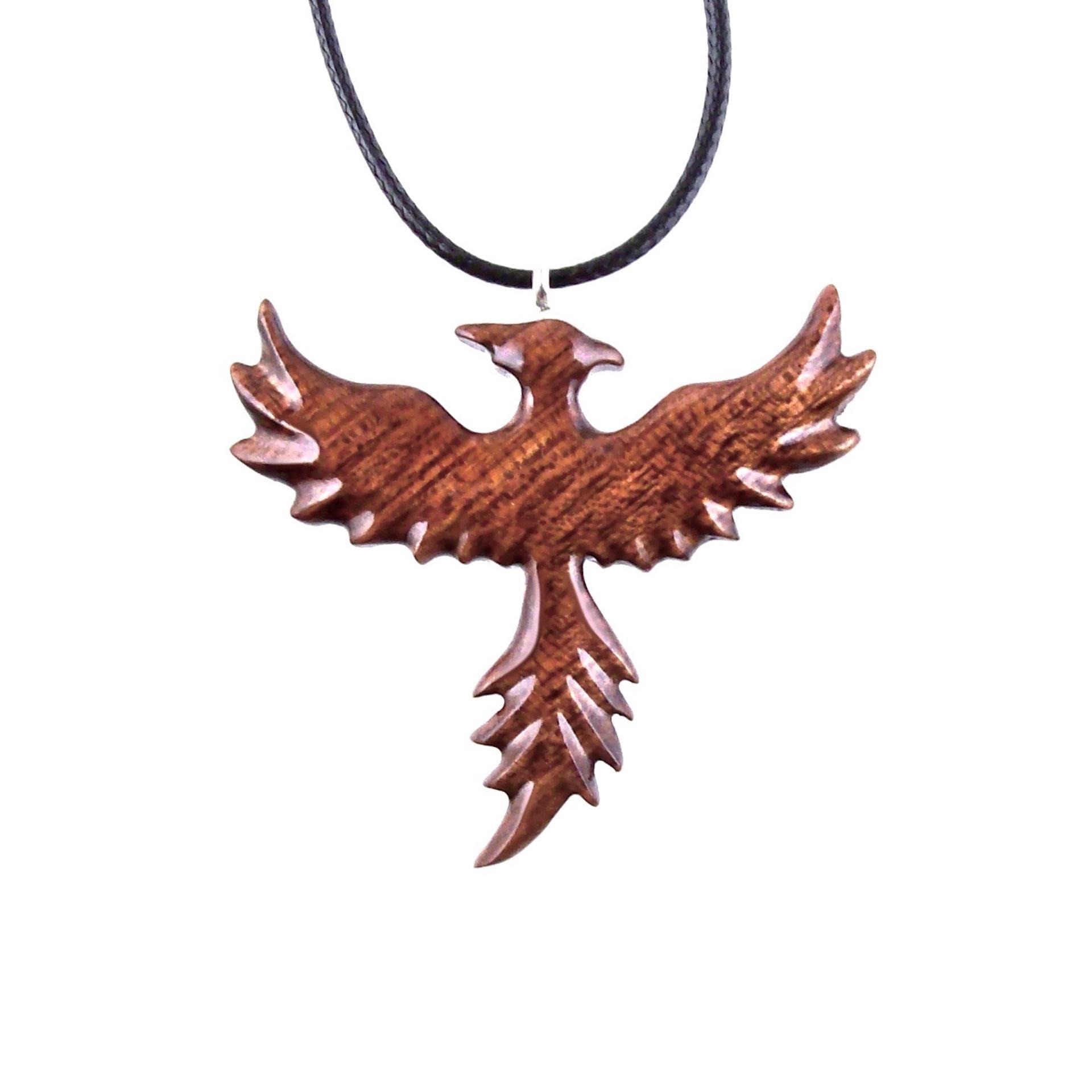 Hand Carved Rising Wooden Phoenix Pendant Necklace, Handmade Inspirational Wood Jewelry