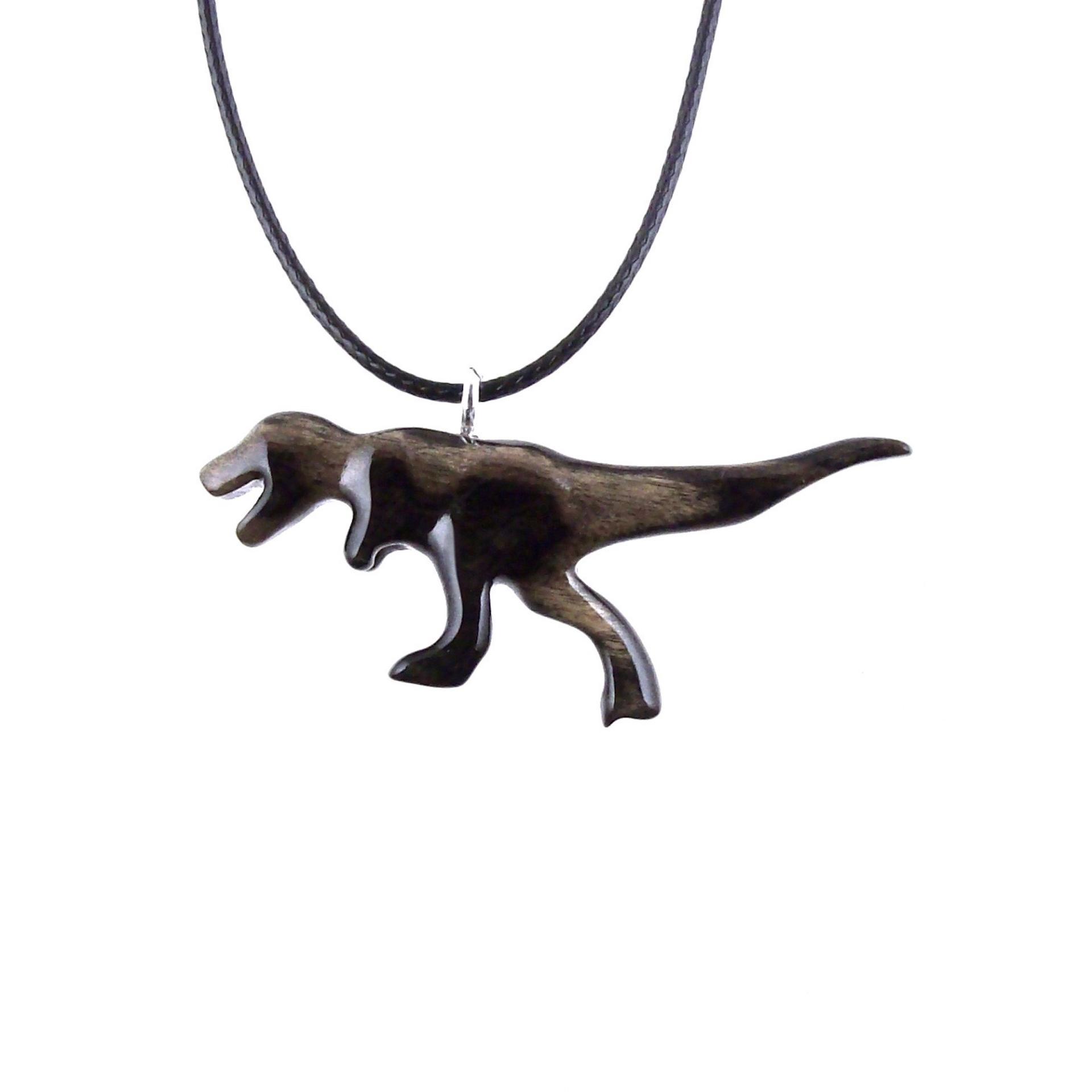 Hand Carved Dinosaur Necklace, T-Rex Wooden Pendant, Handmade Jurassic Reptile Wood Jewelry Gift