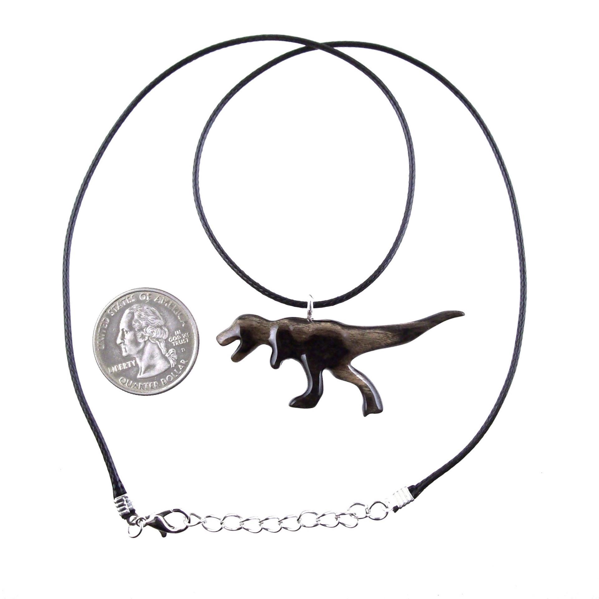 Hand Carved Dinosaur Necklace, T-Rex Wooden Pendant, Handmade Jurassic Reptile Wood Jewelry Gift