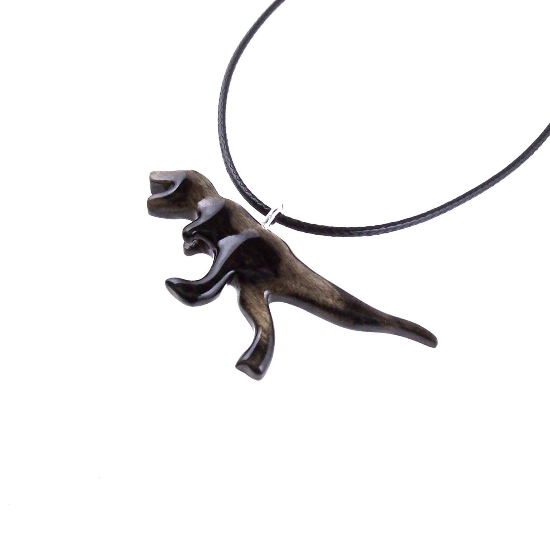 Hand Carved Dinosaur Necklace, T-Rex Wooden Pendant, Handmade Jurassic Reptile Wood Jewelry Gift
