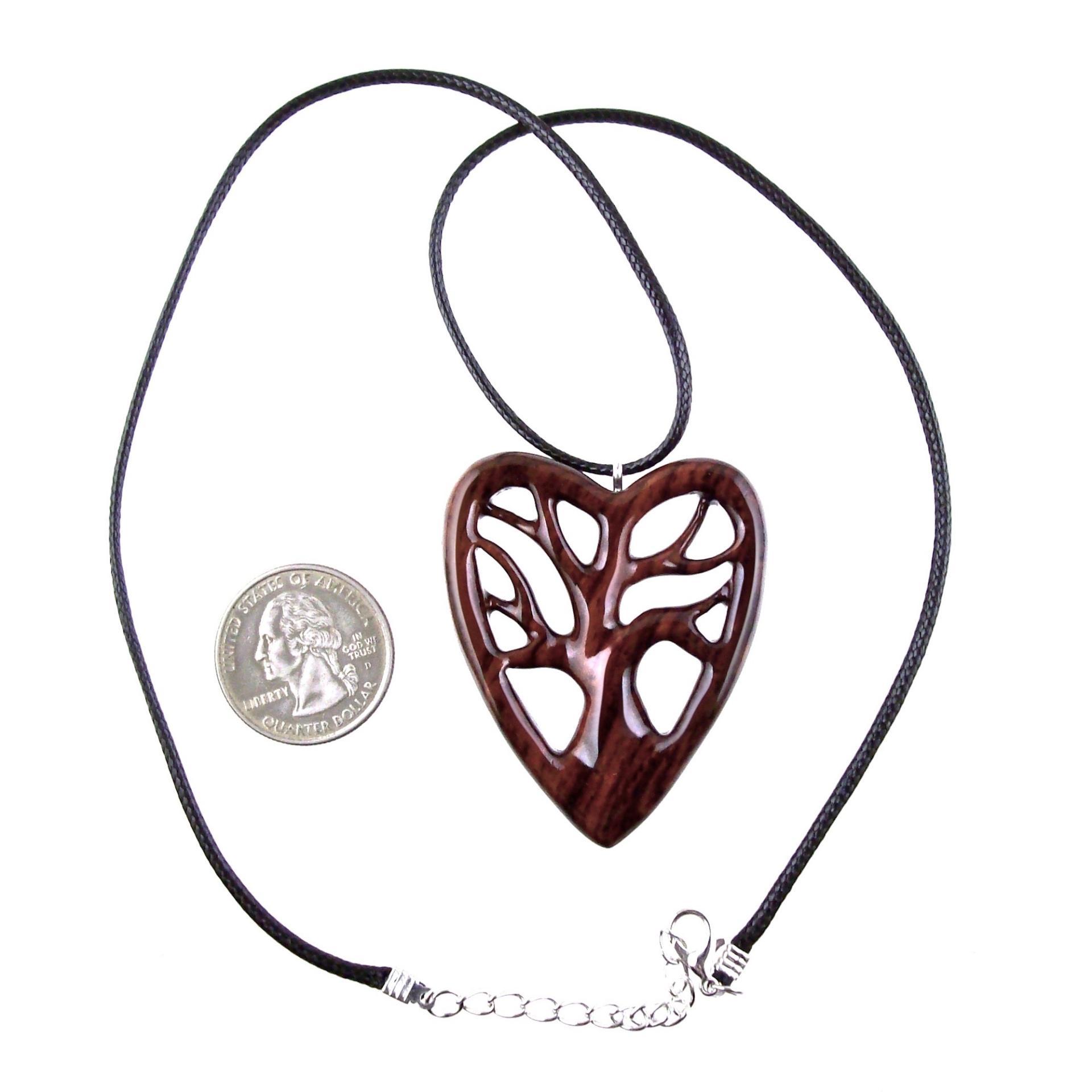 Hand Carved Wood Heart Necklace, Wooden Tree of Life Pendant, 5th Anniversary Jewelry