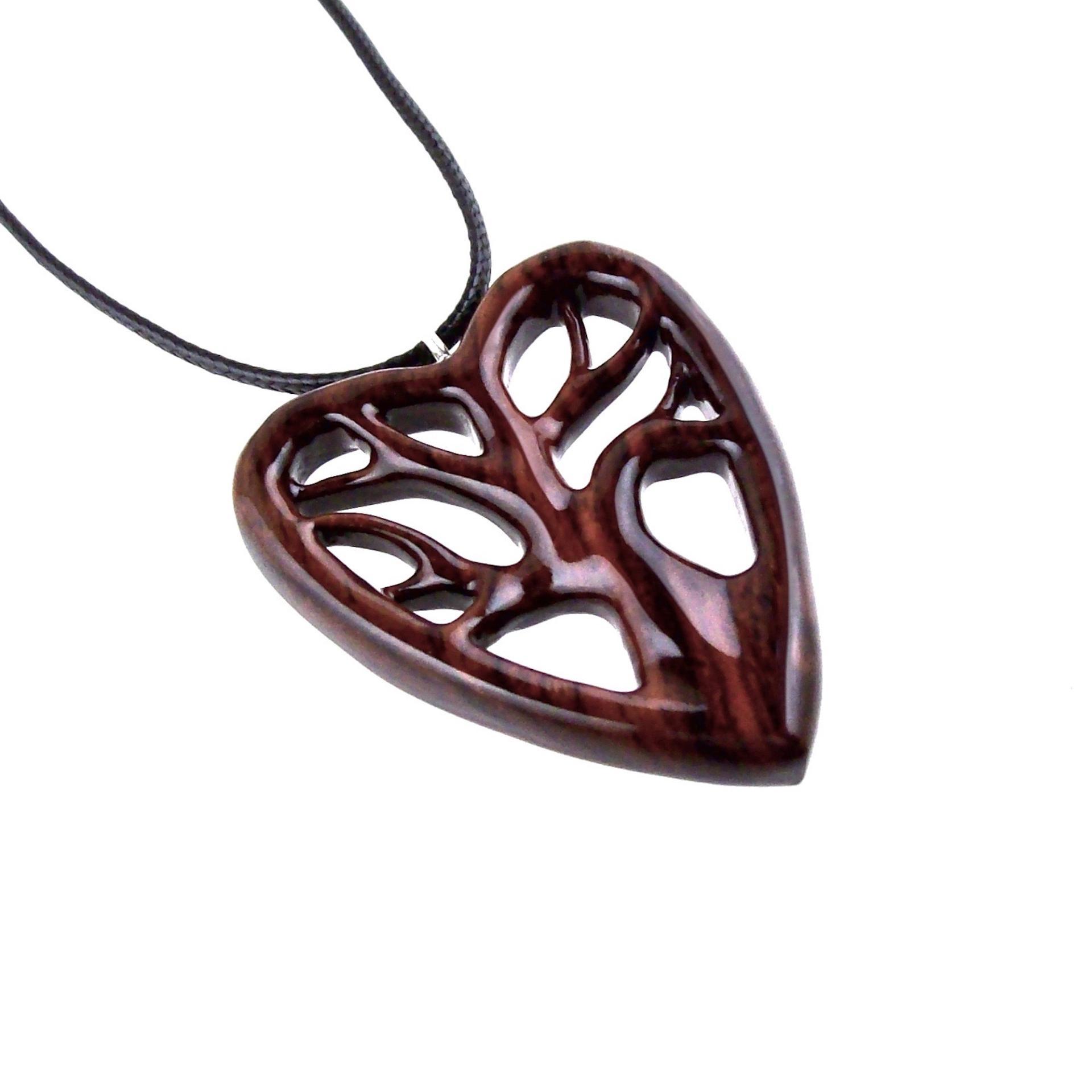 Hand Carved Wood Heart Necklace, Wooden Tree of Life Pendant, 5th Anniversary Jewelry