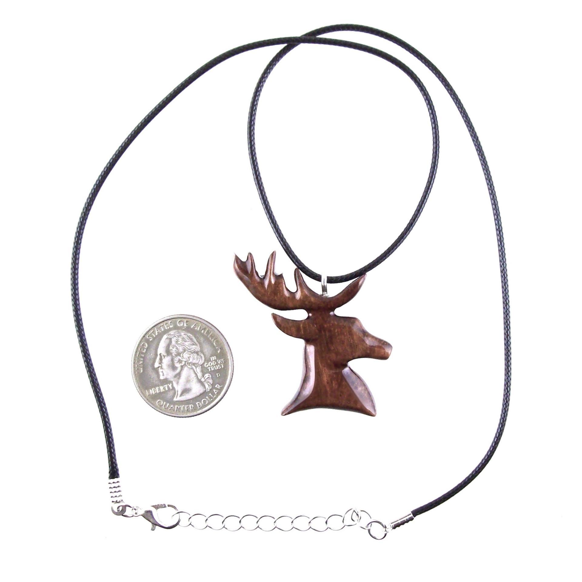Hand Carved Wooden Stag Pendant Necklace, Deer Head Spirit Animal Totem, Mens Wood Jewelry