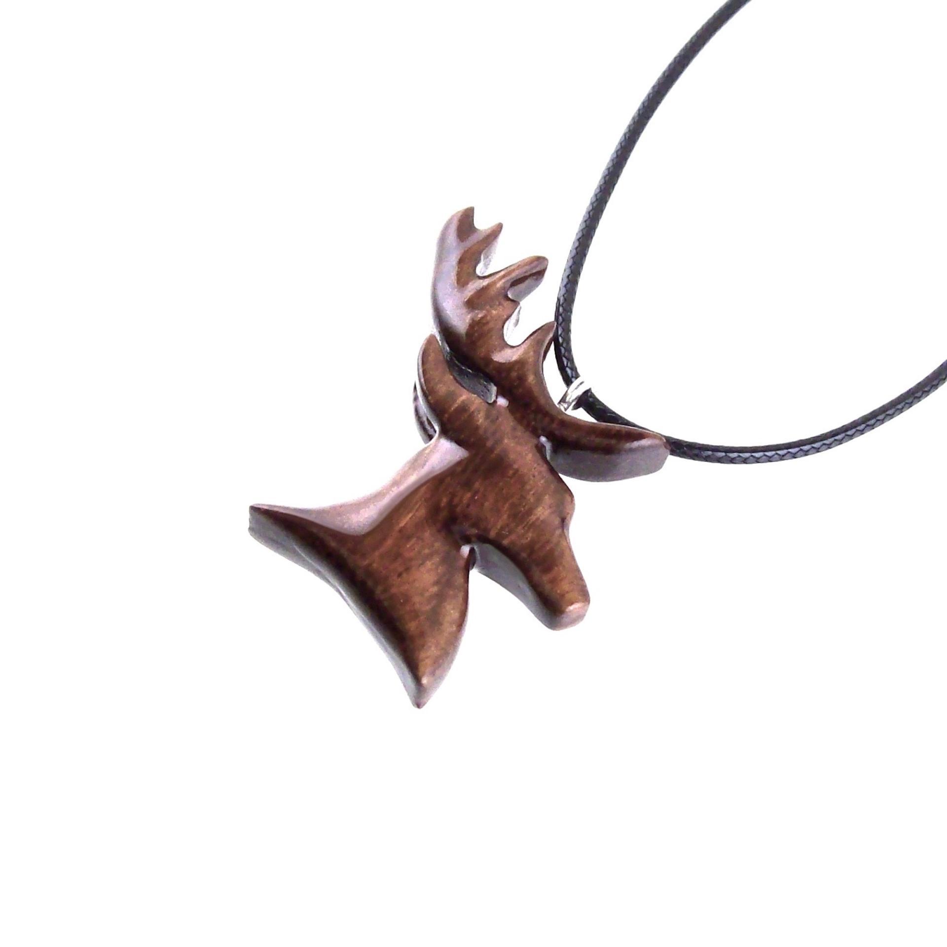 Hand Carved Wooden Stag Pendant Necklace, Deer Head Spirit Animal Totem, Mens Wood Jewelry