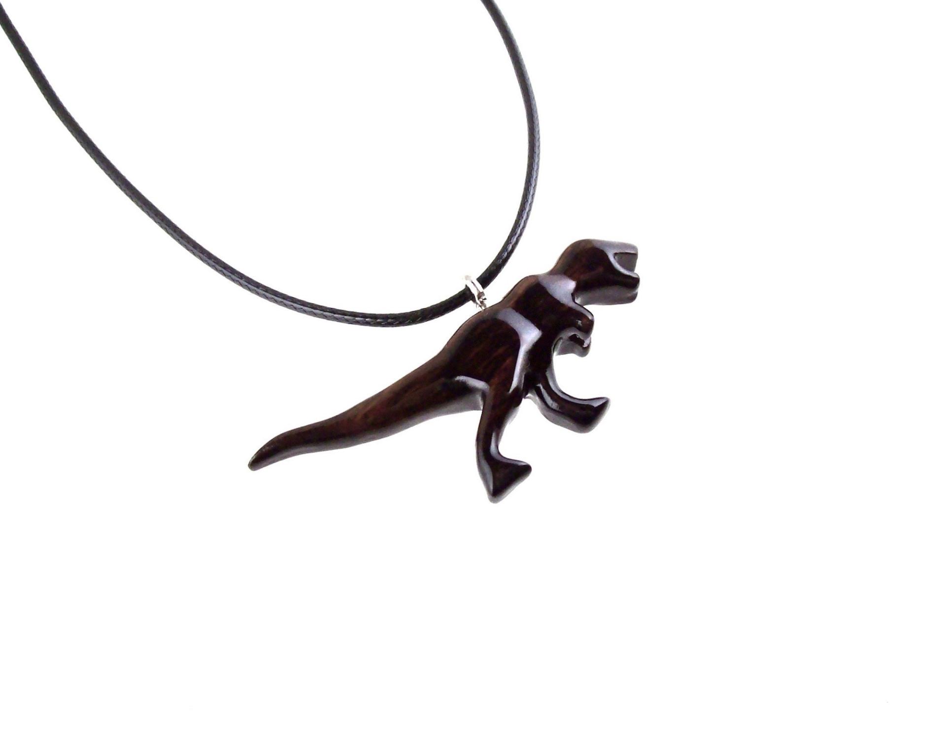 Hand-Carved Wooden Dinosaur Necklace, Wood T-Rex Pendant, Dino Jurassic Reptile Jewelry Gift