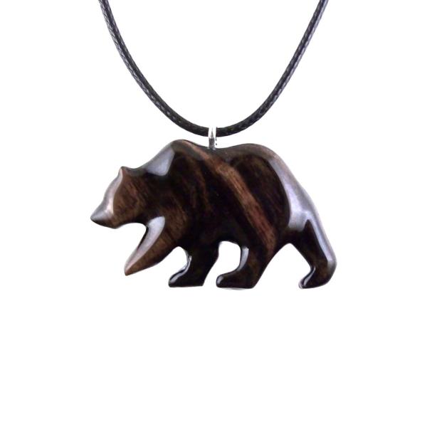 Wooden Grizzly Bear Pendant, Hand Carved Wood Bear Necklace for Men Women, Totem Spirit Animal in Black with Brown Streaks